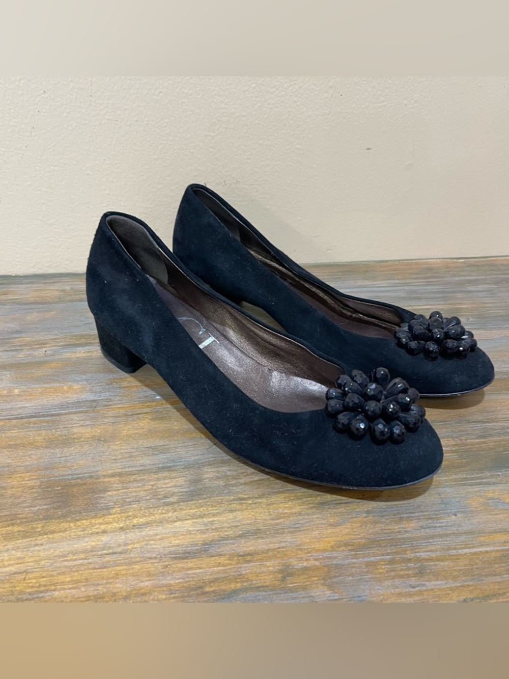 AGL Floral Gems Slip On Chunky Heel Shoes Suede Black Career Womens 38.5/8.5